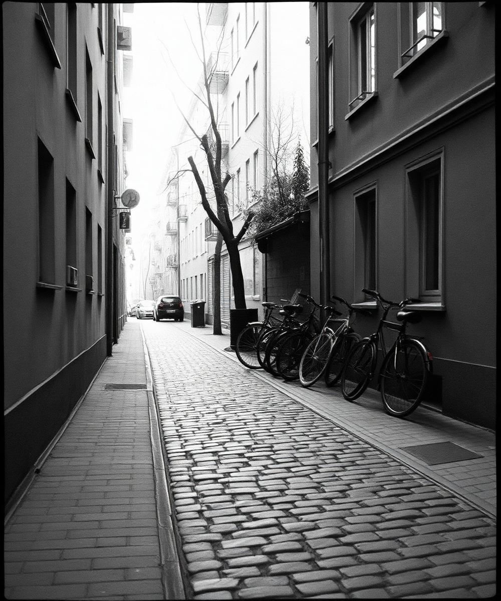 Weichselstraße, 06:12 — analog print by Jonas Weber. Ilford HP5+ pushed one stop. Cobblestones after rain.