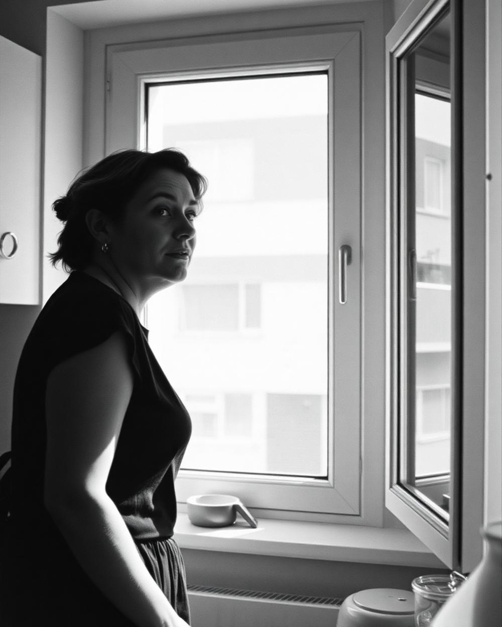 Ada at the Window — analog print by Rafael Órtiz. Rollei RPX 100, printed on Adox MCC 110.