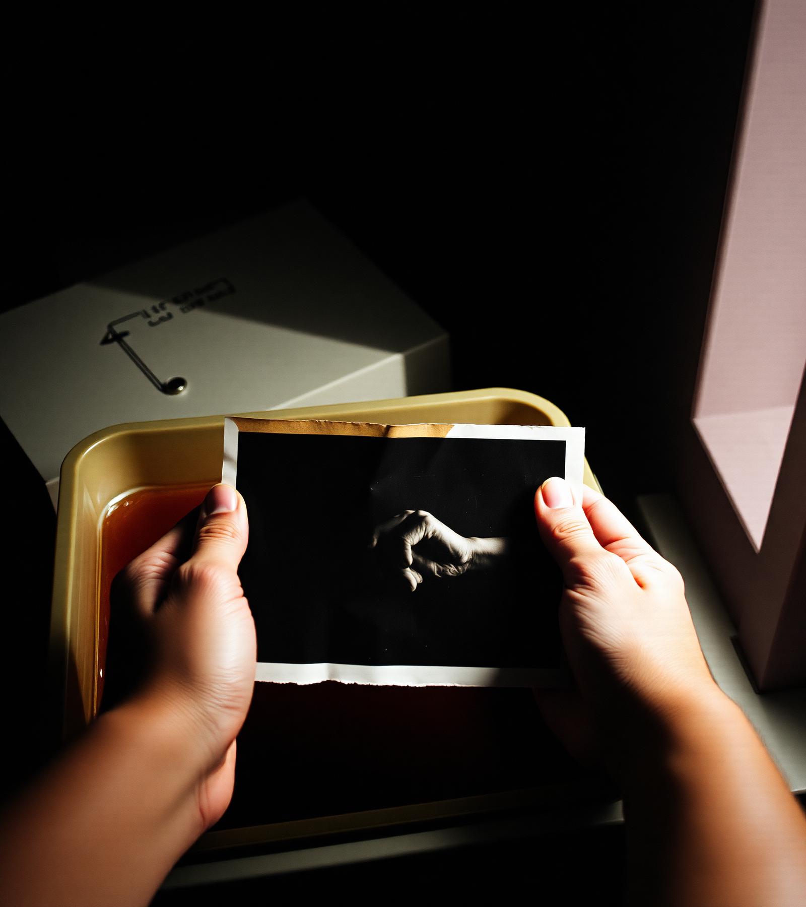 Two hands lifting a freshly developed silver gelatin print from an amber developer tray under safelight.