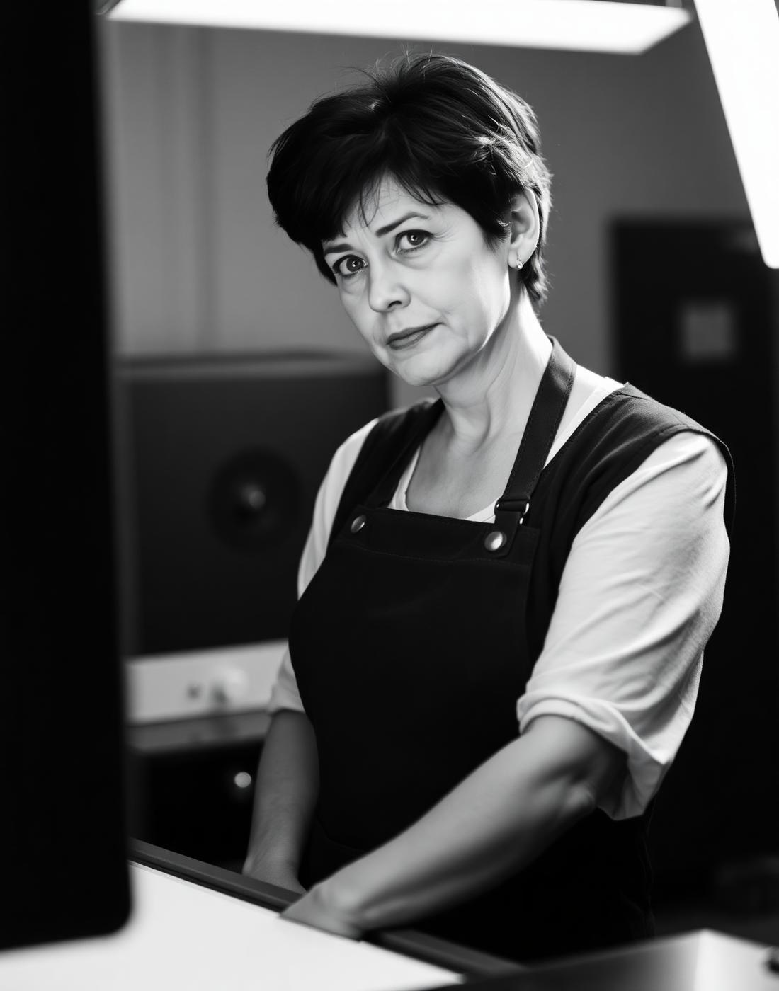 Mara Klein standing at an enlarger in the Halide House darkroom, wearing an apron.